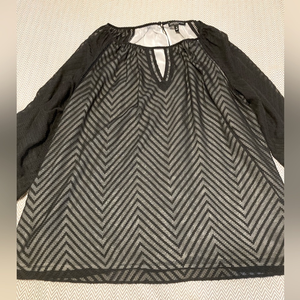 Signature Studio Woman black illusion top. Lined body with sheer long sleeves.